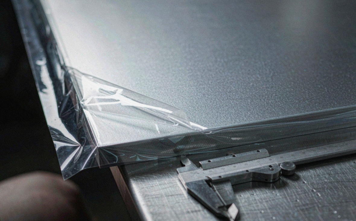 Thickness check on an aluminium plate with the PVC film peeled back